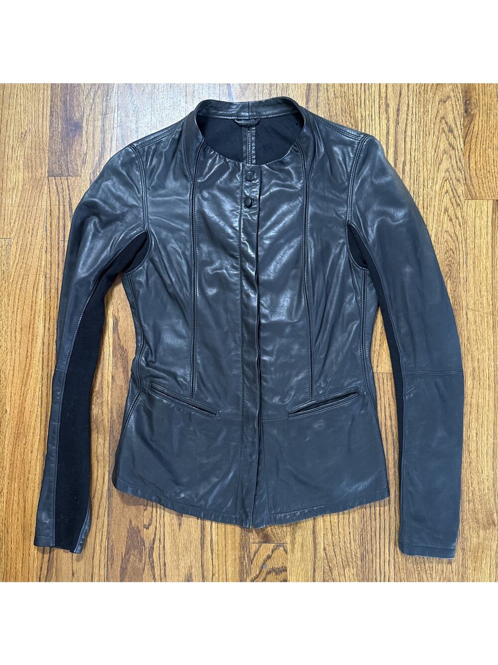 Vintage Buffalo Black Leather Jacket Openwork Ladder Stitch Seams Fitted Moto M